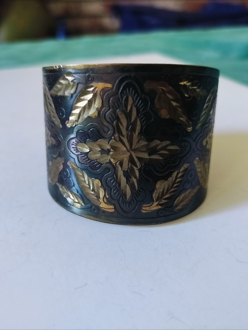 Vintage Mixed Metal Brass Cuff Bracelet Wide Etched Two Tone Floral Boho